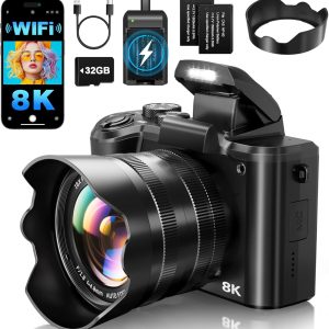 8K Digital Cameras for Photography - Autofocus 88MP WiFi Profession Camera with Dual-Lens - 16X Digital Zoom Photography Camera for YouTube with Lens Hood, Touch Screen, 2 Batteries & Charging Stand