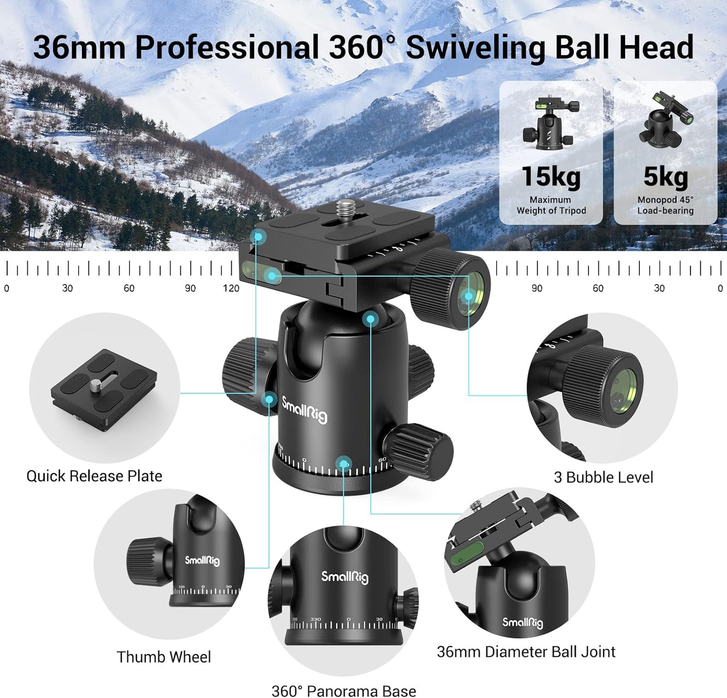 SmallRig Camera Tripod, 71" Foldable Aluminum Tripod/Monopod, 360°Ball Head Detachable, Payload 33lb, Adjustable Height from 16" to 71" for Camera, Phone - Image 3