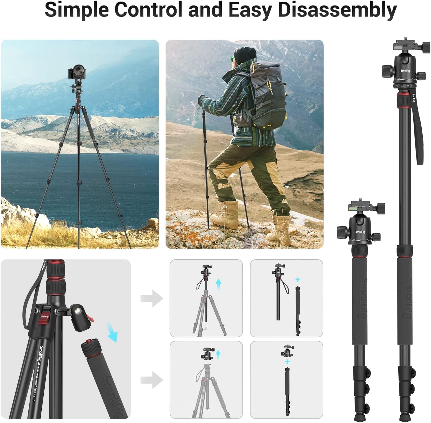 SmallRig Camera Tripod, 71" Foldable Aluminum Tripod/Monopod, 360°Ball Head Detachable, Payload 33lb, Adjustable Height from 16" to 71" for Camera, Phone - Image 6